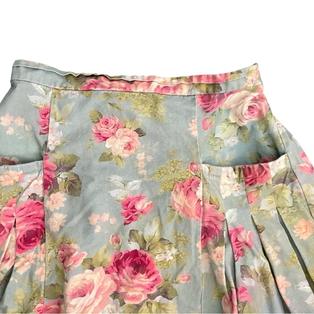 Floral A-Line Midi Skirt in Blue with Pink Rose Print Handmade Pockets - Picture 2 of 3